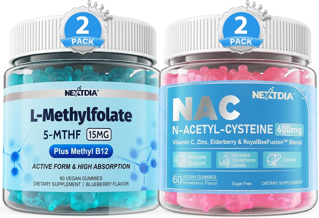 L- MethylFolate 15mg & Methyl B12 Gummies + NAC Gummies, 600mg N- Acetylcystein Supplement