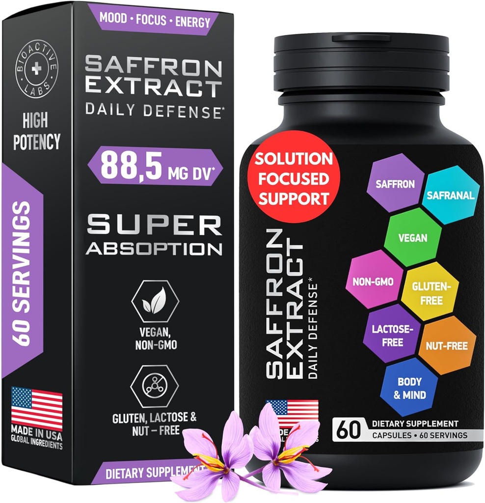 Optimerede safran kosttilskud - 88.5mg Pure Saffron ekstrakt til Mood Support, Focus, Energy - Plus Crocin, Crocetin, Kaempferol - Gluten- Free, Non- GMO - 1- a- Day 60 Kapsler