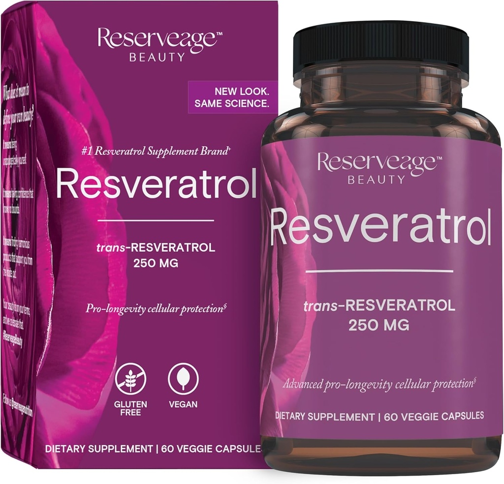 Reserveage Beauty Resveratrol 250 mg - Best Trans-Resveratrol - Vegan Antioxidant Supplement for Cellular & Heart Health - Aids Healthy Aging & Immune Health - 60 Vegetable Capsules