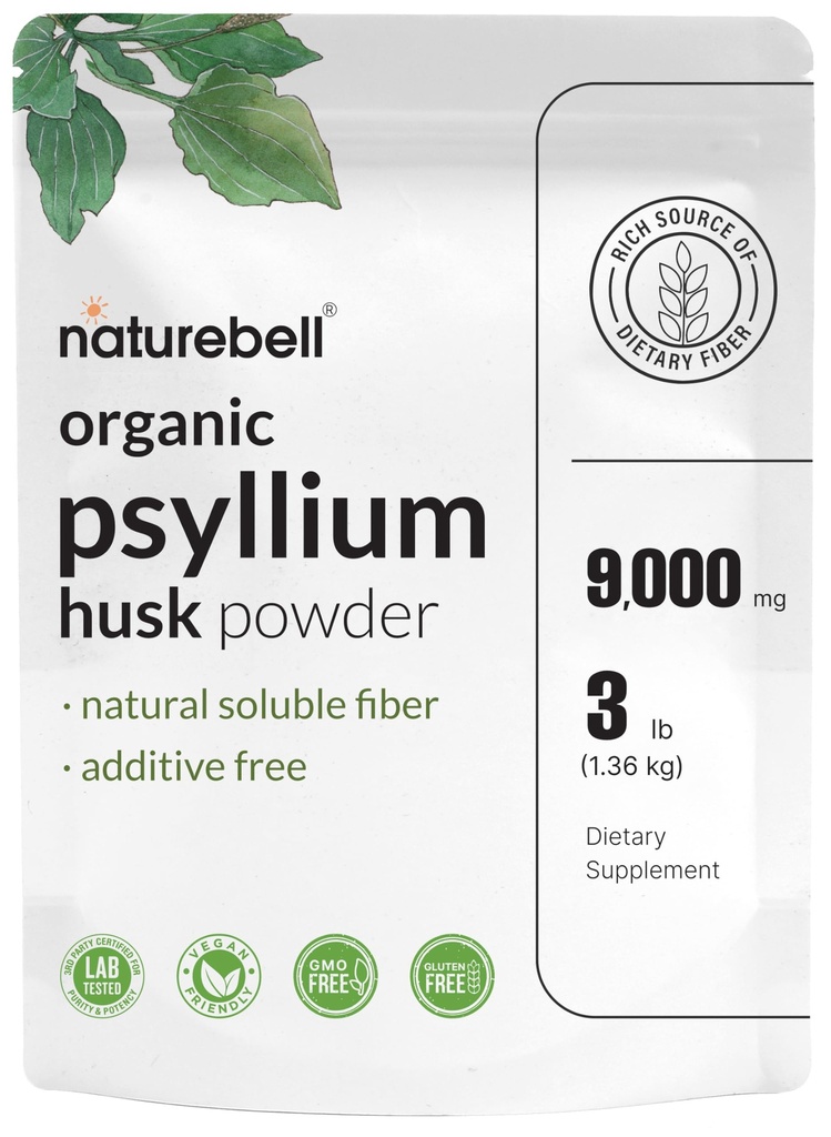 NatureBell Psyllium Husk Fiber Supplement, 9.000mg Per Serving, 3lb (48oz) Pulver • 124; Organisk Opløselig Fiber til fordøjelse & Gut Sundhed • 124; Plant- baseret, Unflavored, Non-GMO, Gluten- Free