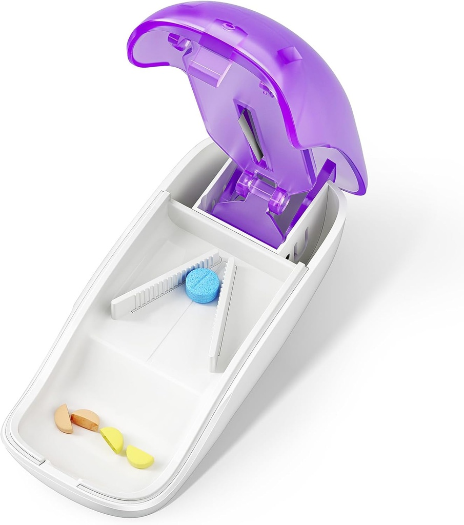 Pill Cutter Splitter til små og små piller, Pill Cutter til at skære vitaminer tabletter i halve, Pill Splitter med Blade Guard, Lilla