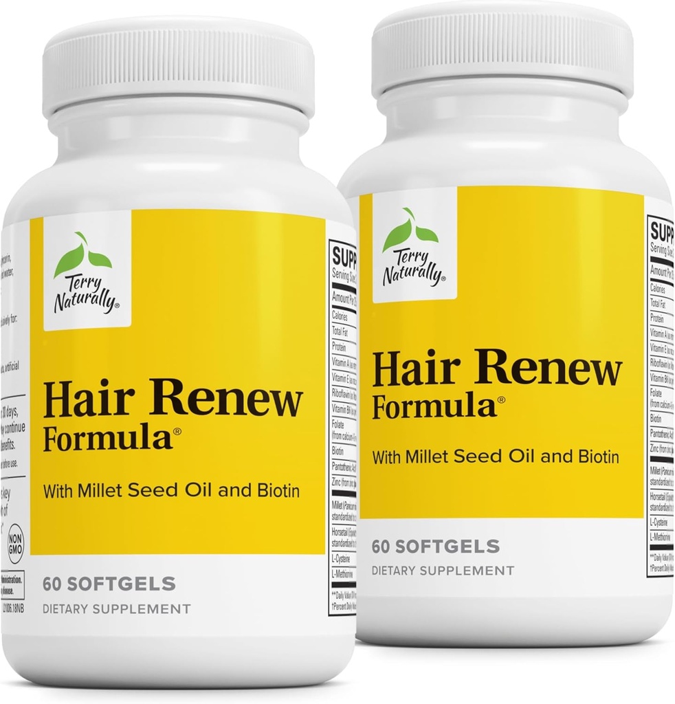 Terry naturligt hår Renew Formel - hårvækst Support med hestehale Biotin & folsyre - Hirse Seed Oil til Keratin Production Support - 60 Softgels, 2 Pack