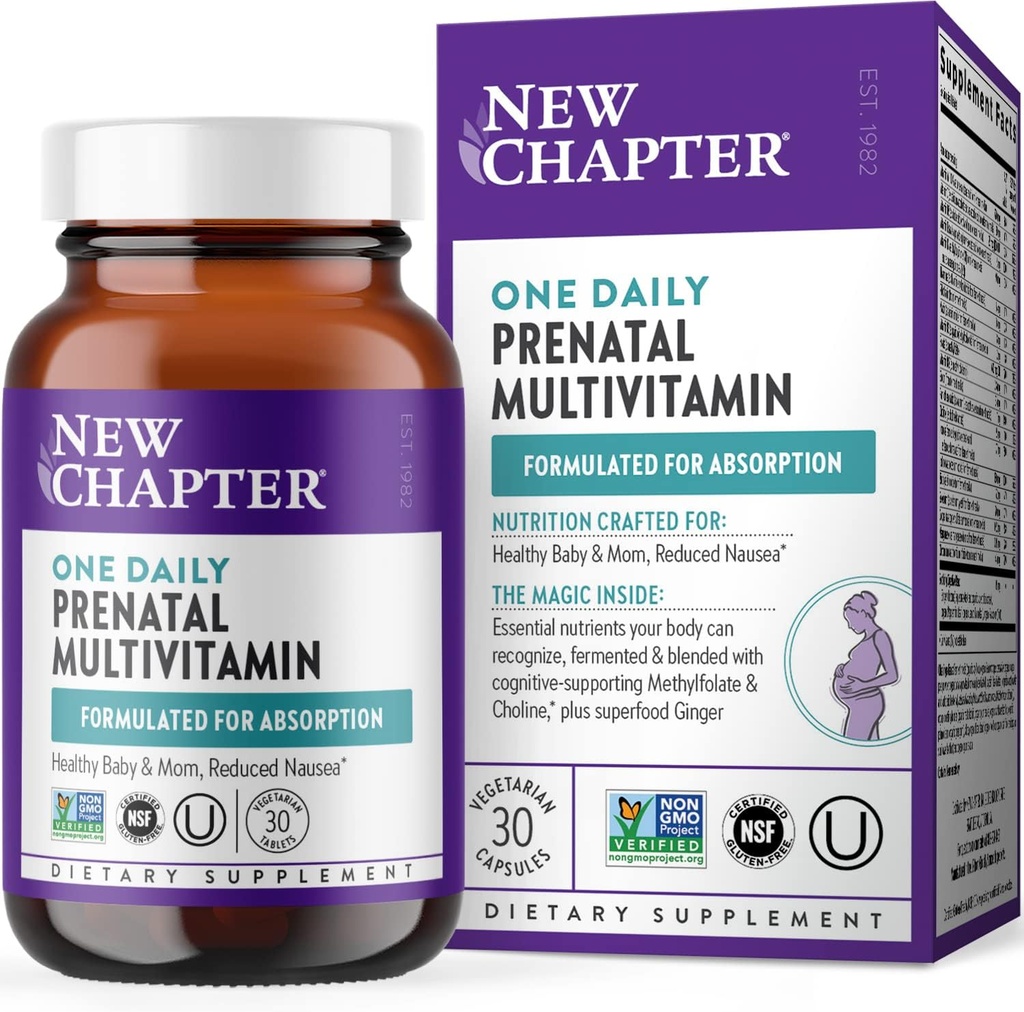 Nyt kapitel Prenatal Vitaminer, En daglig Prenatal Multivitamin med methylfolat + Cholin for sund mor og baby, Gluten Free & Non- GMO, 30 Greve