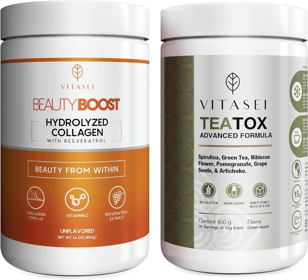VITASEI Wellness Bundle - Hydrolyseret collagen peptider pulver & Teatox Detox & Rense Support Powder - hår, hud, negle og fordøjelse Booster for kvinder og mænd