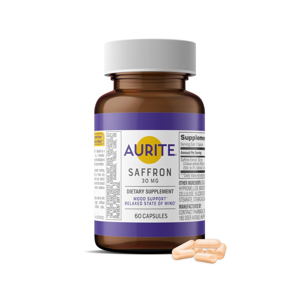 Saffron Support 124; Stress Management, Urtemood Support, Long- Term Memory, for Kvinder & Mænd. 60 Greve, Saffron 30mg, Vegetarisk Friendly, Non- GMO, Gluten- Free, Soy- Free (2 Months of Supply)