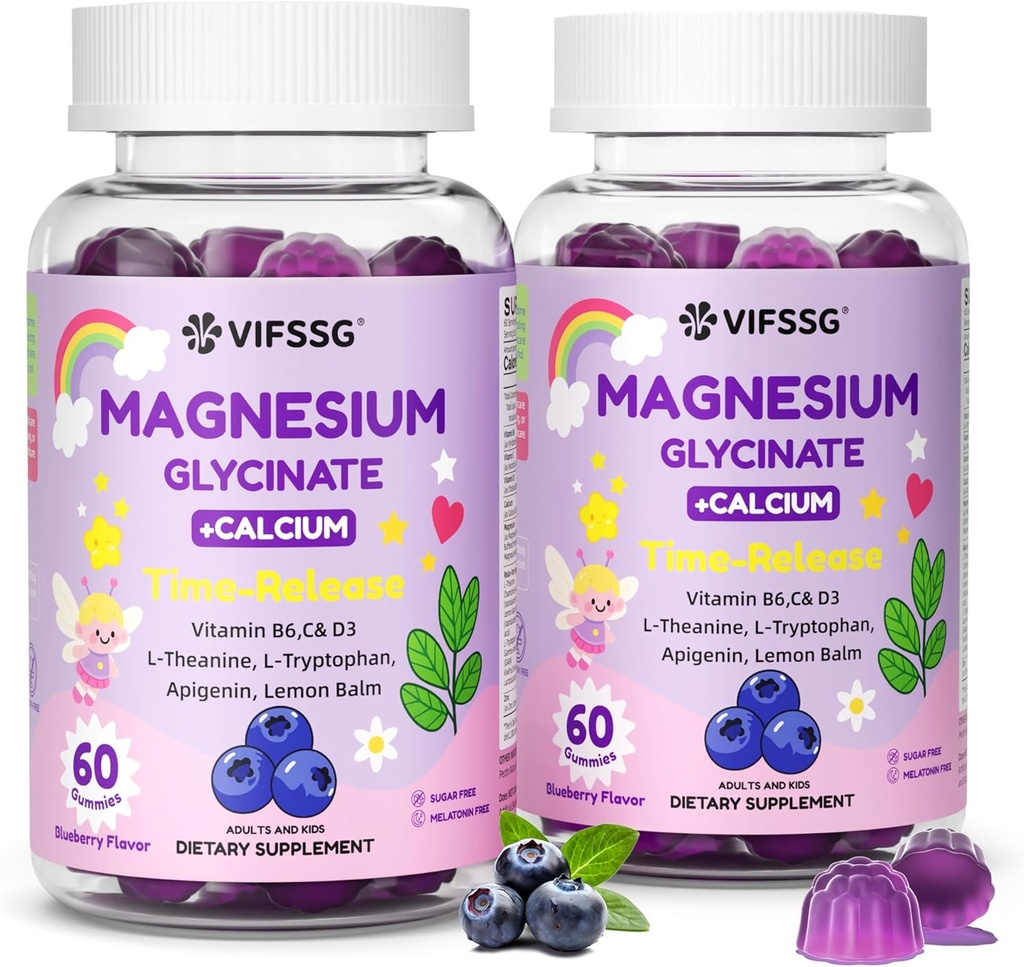 Magnesium Glycinate Gummies for Adults & Kids 4+, 2 Pack Sugar Free Magnesium Bisglycinate Supplement 400/200mg with L Theanine, Chamomile, Lemon Balm for Evening Support & Bedtime Routine 120 Gummies