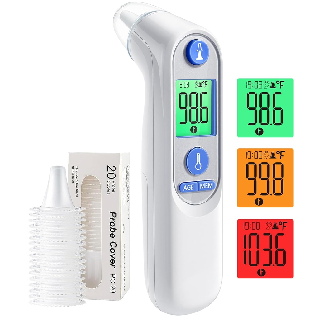 Ear termometer, Digital Ear termometer til børn og voksne, High Nøjagtighed Baby termometer med 1s Resultat, 3- Color Coded og 30 Memory Recall, Let at bruge, med 21 Disponible Probe Dækker
