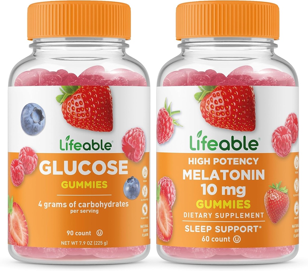Lifeable Glucose + Melatonin 10mg, Gummies Bundle - Great Tasting, Vitamin Supplement, Gluten Free, GMO Free, Chewable Gummy