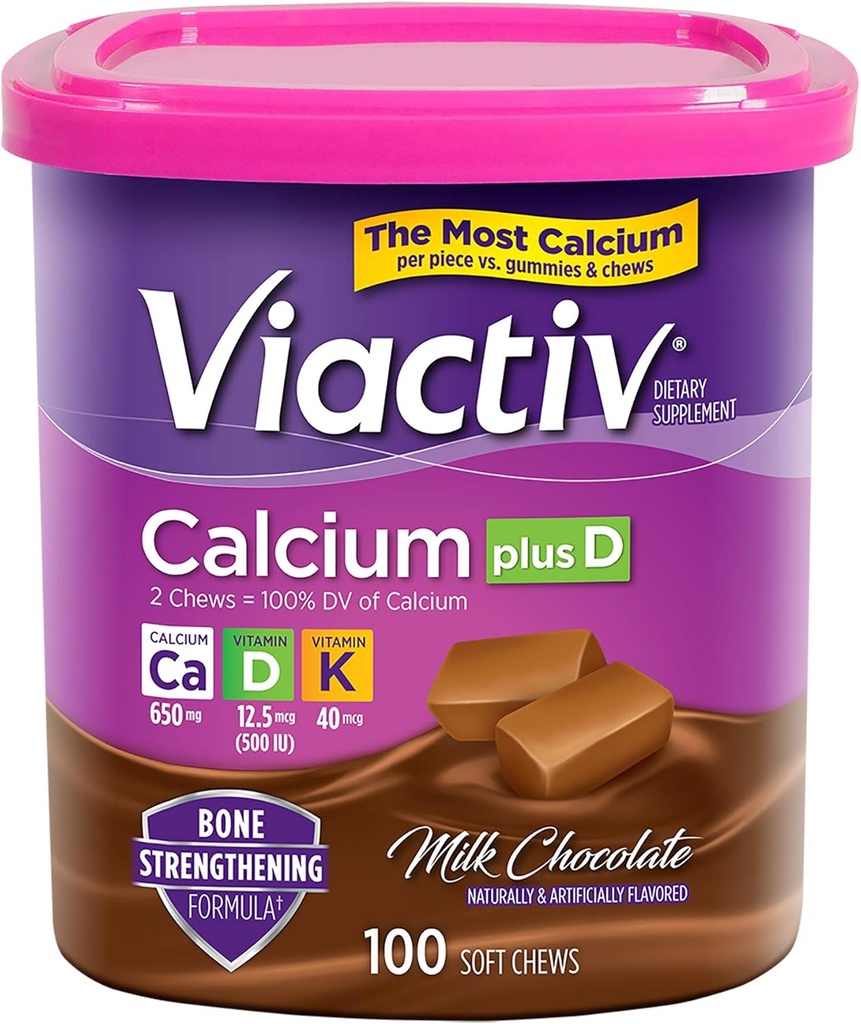 Viactiv Calcium + vitamin D3 tillæg bløde tykkelser, mælk chokolade, 100 tykkelser - Calcium kosttilskud for ben sundhed