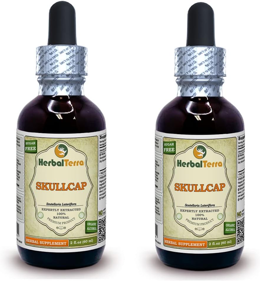 Skullcap (Scutellaria Lateriflora) Tinktur, Økologisk Tørret Herb Liquid Extract (Brand Name: HerbalTerra, Stolt Lavet i USA) 2x2 fl.oz (2x60 ml)