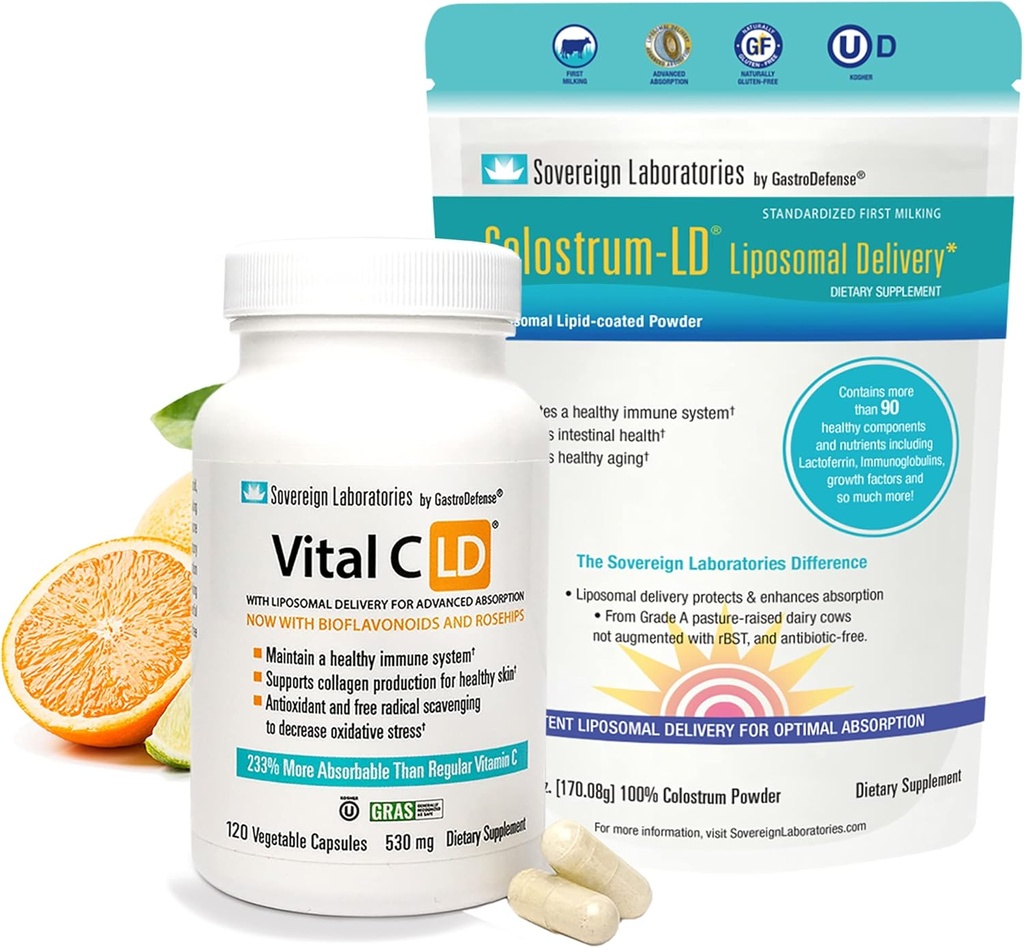 Immunitet og Gut Health Bundle - 34 dages forsyning af Colostrum-LD og 60 dages forsyning af Vital C. med rosenhofter og bioflavonoider.