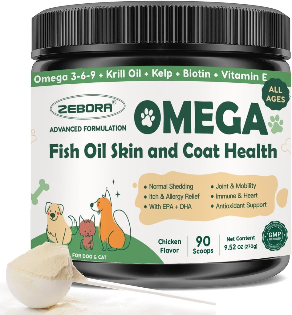 ZEBORA Omega 3 Fish Oil til hunde, Wild fanget hund Fish Oil, EPA & DHA, Krill Oil, Kelp, Hud og Coat supplement, Antititch & Shedding, støtte tør hud, fælles sundhed, hundeallergi Relief