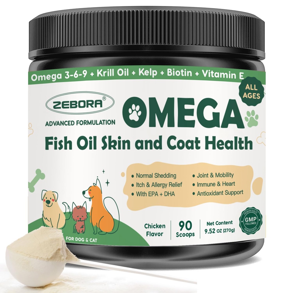 ZEBORA Omega 3 Fish Oil til hunde, Wild fanget hund Fish Oil, EPA & DHA, Krill Oil, Kelp, Hud og Coat supplement, Antititch & Shedding, støtte tør hud, fælles sundhed, hundeallergi Relief
