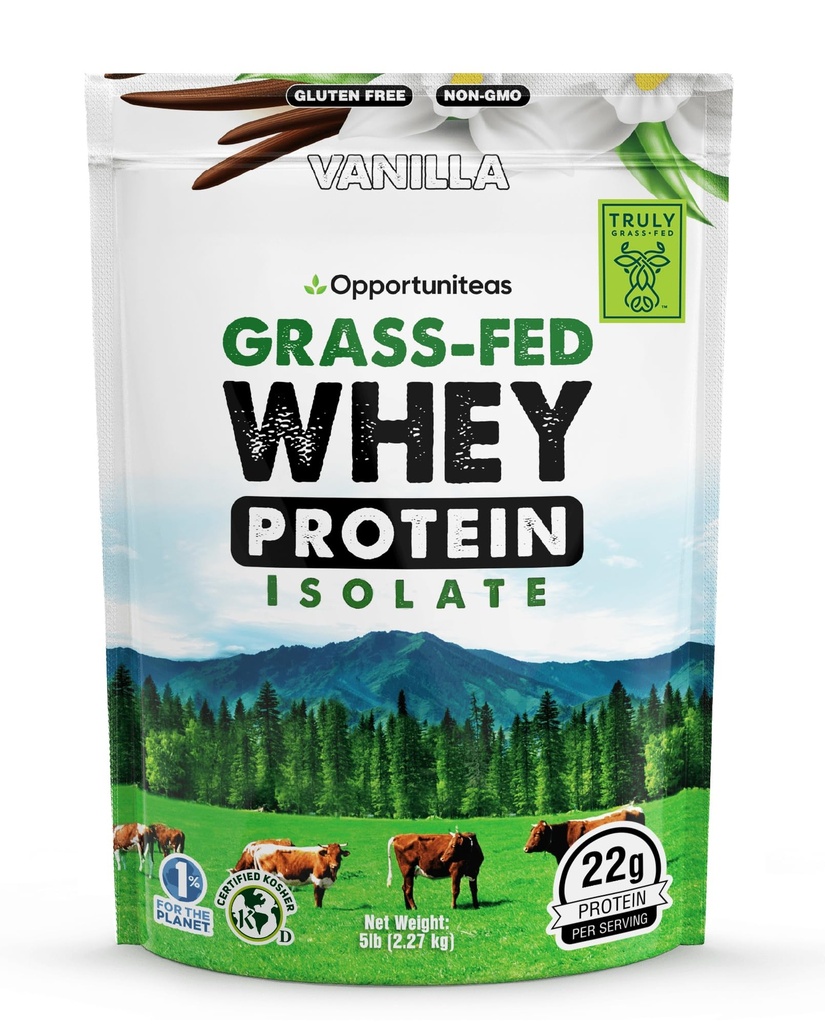 Opportuniteas Grass Fed Vanilla Whey Protein Isolate Powder - 22g Protein Powder uden kunstige sødestoffer, Hormon-Free Cows, Ikke GMO - 5lb