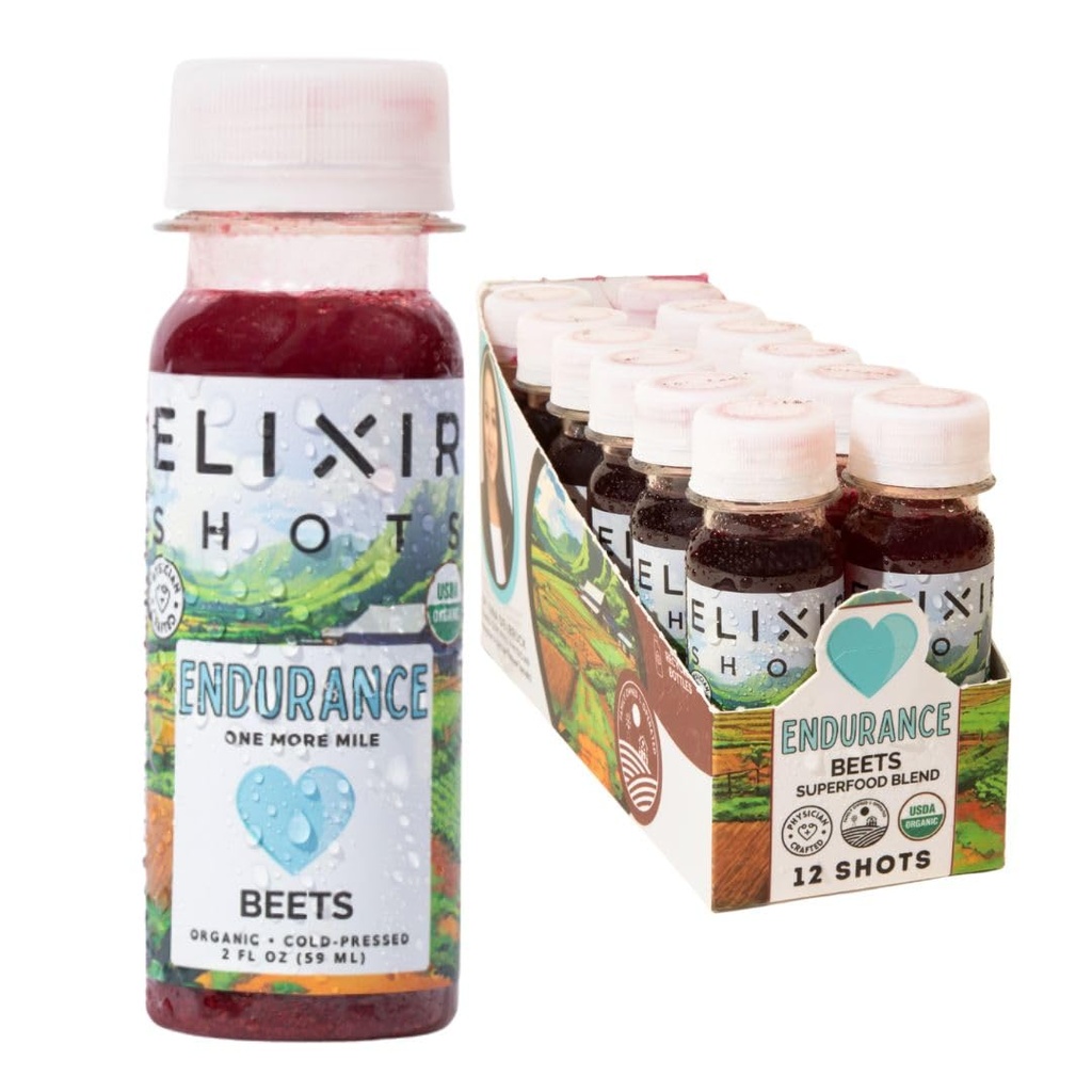 Elixir Shots, Endurance & Wellness Shot med Cold- Pressed 100% Økologiske ingredienser, Beet, Carrot, Selleri, Lemon, Ingen Tilføjet sukkerarter eller kunstige ingredienser, 12 Pack