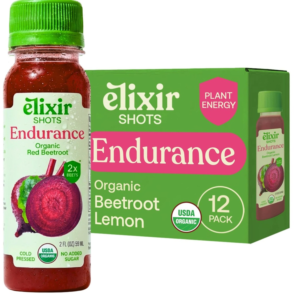 Elixir Shots, Endurance & Wellness Shot med Cold- Pressed 100% Økologiske ingredienser, Beet, Carrot, Selleri, Lemon, Ingen Tilføjet sukkerarter eller kunstige ingredienser, 12 Pack