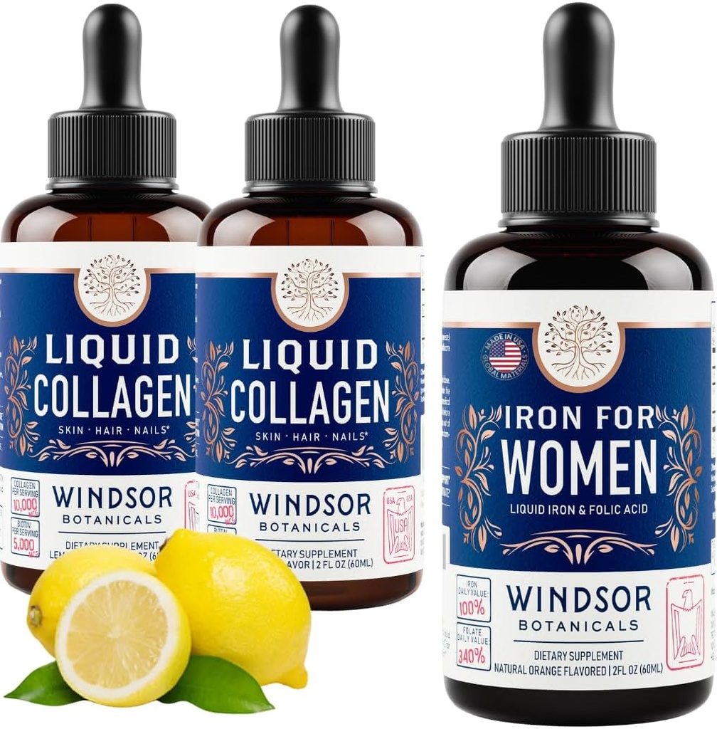 WINDSOR BOTANICALS Flydende kollagen 2-Pack og flydende jern til kvinder Skønhed og Wellness Bundle