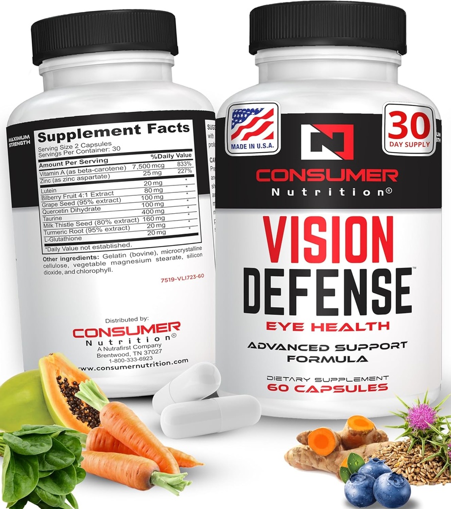 Eye Health Supplements for Adults - Supports & Protects Eye Health with Vitamin A, Lutein, Taurine, Turmeric Root, Grape Seed Extract & Milk Thistle Seed - Vision Defense 60 Ct