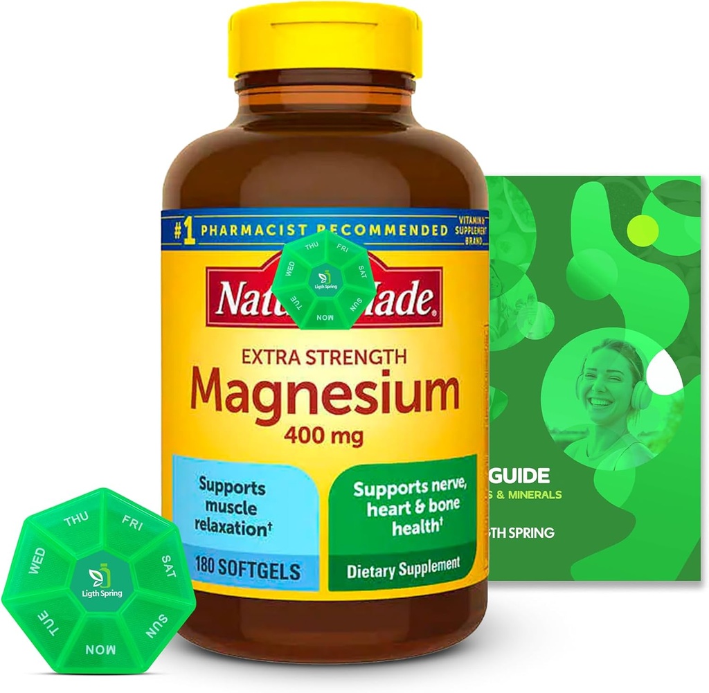 Magnesium 400mg 180 Tæl med Bundle Eksklusive vitaminer og mineraler - A til Z - Bedre Ligth & Spring Guide + Ugentlig Pill Organizer (3 elementer)