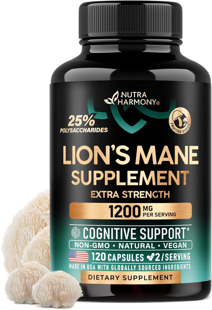 Lions Mane Support Kapsler - Organic Lions Mane - Lavet i USA - Fruiting Bodies Extract - 1200 mg, 25% Polysaccharides - Memory & Focus Support - Som Lions Powder - 120 Kapsler, 2 Måned Supply