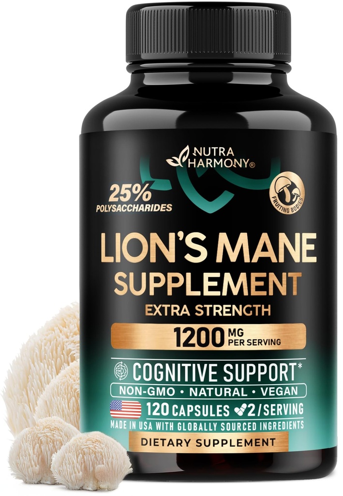 Lions Mane Support Kapsler - Organic Lions Mane - Lavet i USA - Fruiting Bodies Extract - 1200 mg, 25% Polysaccharides - Memory & Focus Support - Som Lions Powder - 120 Kapsler, 2 Måned Supply