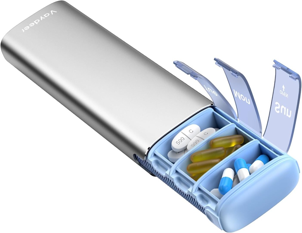 Vayråt Metal Travel Pill Organizer, 7 dage Ugentlig Pill Box, Stor kapacitet Daily Cute Pill Case for Supplements, Pills, Vitamin og Medicin (Lille, Slaver)
