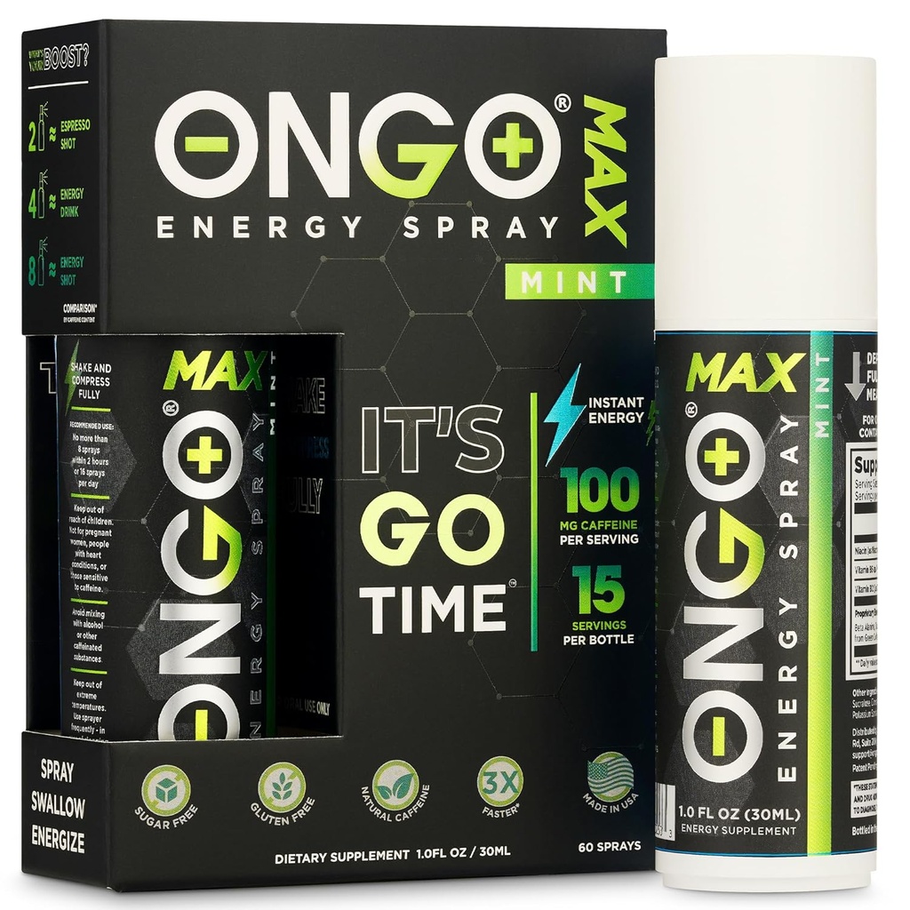 OnGo Energy - Naturlig koffein (1500mg) Instant Energy Oral Spray • 124; Vegan, Sukker og Gluten gratis • 124; B3, B6, B12 vitamin spray • 124; Fokus og Memory • 124; Undersøgelse, Arbejde og meget mere • 124; Mint smag • 124; 15 portioner