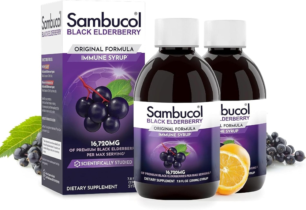 Sambucol Black Elderberry Syrup - Sambucus Syrup, Black Elderberry Liquid, Immunstøtte til børn og voksne, Høje Antioxidanter, Gluten Free - Original Formel, 7,8 Fl Oz, 2-Pack