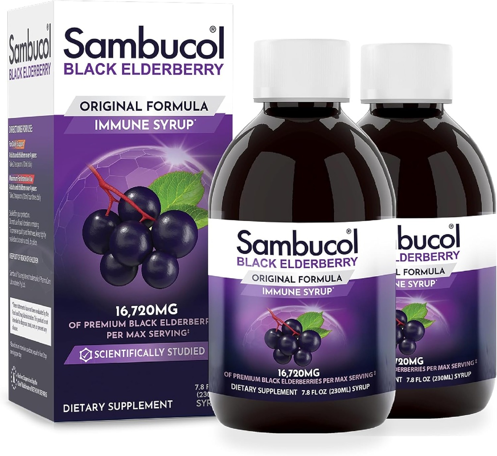 Sambucol Black Elderberry Syrup - Sambucus Syrup, Black Elderberry Liquid, Immunstøtte til børn og voksne, Høje Antioxidanter, Gluten Free - Original Formel, 7,8 Fl Oz, 2-Pack