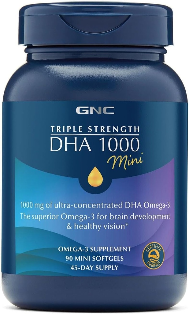 GNC Triple Strength DHA 1000 Mini Omega 3 Supplement, 1000mg, Ultra Koncentreret, High Potency, Understøtter Brain Development og Sund Vision, Burpless, 90 Mini Softgels, 45 SVG, 45 Day Supply