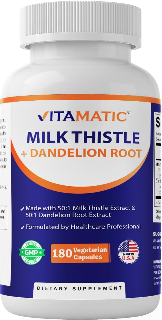 Vitamatisk mælk Thistle 50: 1 Extract 500mg, Mælkebøtte Root 50: 1 Extract 100mg, 180 Vegetariske Kapsler, Non- GMO, Gluten Free