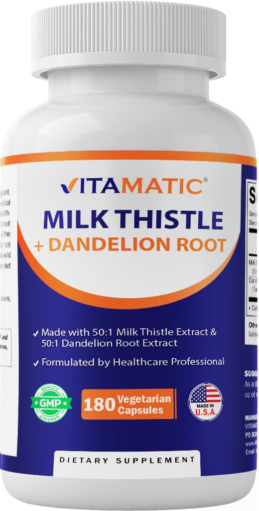 Vitamatisk mælk Thistle 50: 1 Extract 500mg, Mælkebøtte Root 50: 1 Extract 100mg, 180 Vegetariske Kapsler, Non- GMO, Gluten Free