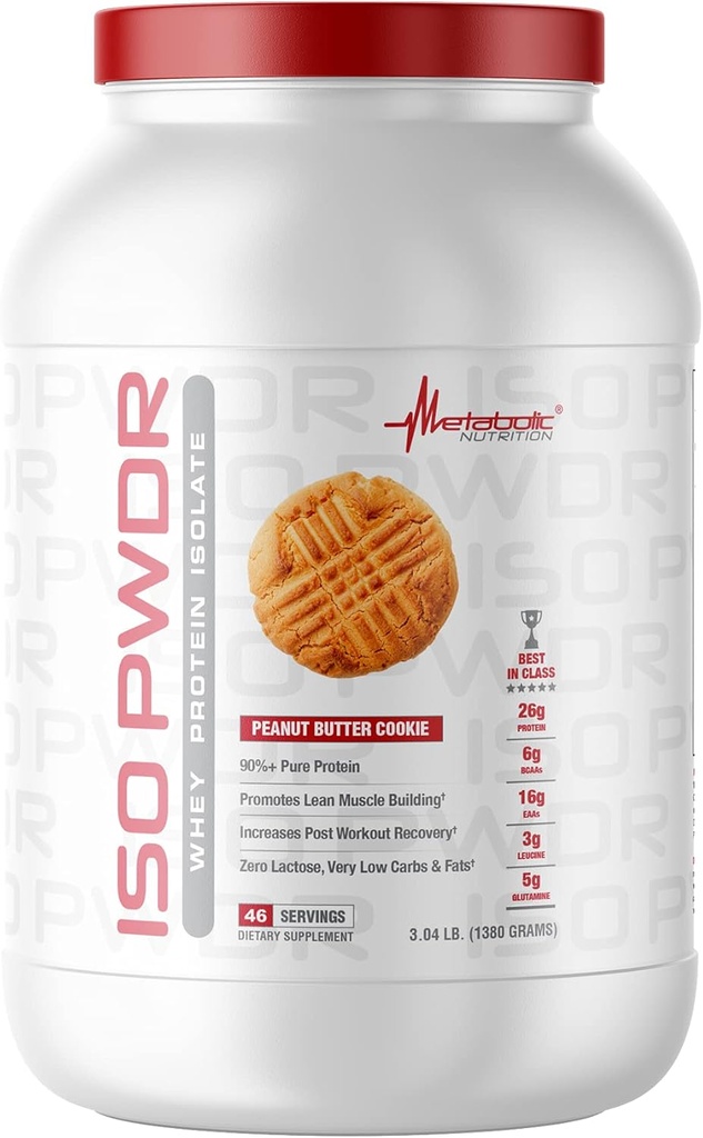 Metabolisk ernæring Whey Protein Isolere ISO PWDR Peanut Butter Cookie, 3.04lb, 23 Servering, 26g Protein, Fast Digesting, Zero Carbs, Lækker Flavor, Meget lave Carbs & Fedt, Zero Lactose