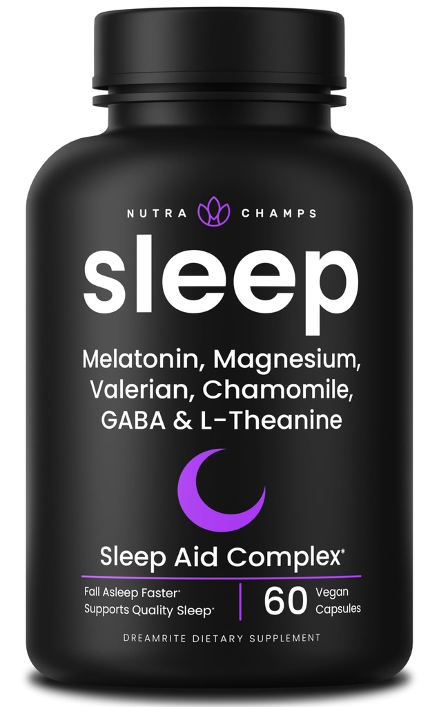 NutraChamps 10- in-1 Natural Sleep Aids for Voksen- Melatonin, Lemon Balm 1000mg, Kamille 400mg, Valerian Root 600mg, L Theanine, L Tryptophan, GABA, Magnesium Sleep Aid