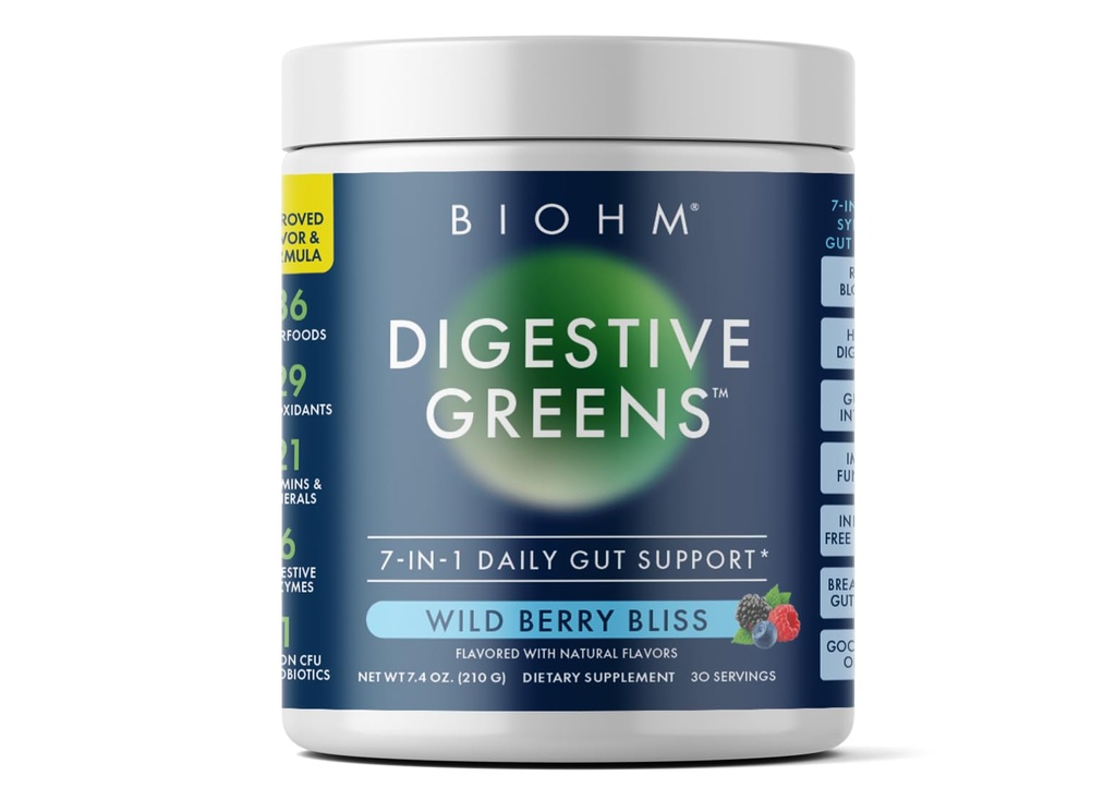 BIOHM fordøjelsesfremmende grønne, Green Superfood Powder (7.4 Oz, 30 Servere) Immunum & Gut Health Support med antioxidanter, Vitaminer, Probiotika & enzymer, God kilde til fibre, Berry Flavor