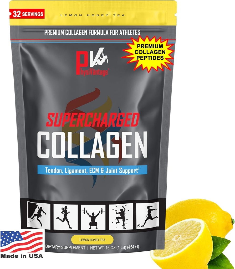 PhysiVantage Supercharged Collagen Peptider Pulver - Hydrolyzed Collagen til fælles, Tendon, Ligament, & Hud Sundhed - Lemon Honning Tea, Keto, Paleo, 16oz124; Forstærket med C-vitamin, BCAA, Grass- Fed