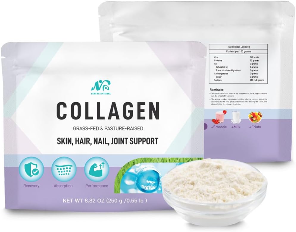 Cercle Natural Multi Collagen Peptider Powder Unflavored, Plus C-vitamin & biotin, Tysk Hydrolyzed Bovin Collagen, Understøtter hår, hud, negle, og Joints for kvinder & mænd - 8.82 oz