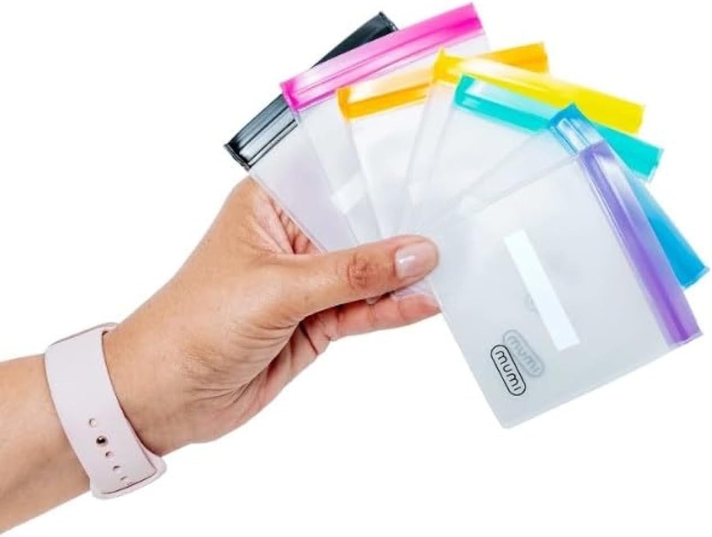 MUMI Mini Zipper Pouch Set - 7 små genanvendelige Clear Zip Lock poser med skriverbare etiketter til rejser, medicin, Makeup, piller, Tiny Kosmetiske Organizer Pouches til punge, Kontor, Plastic Storage