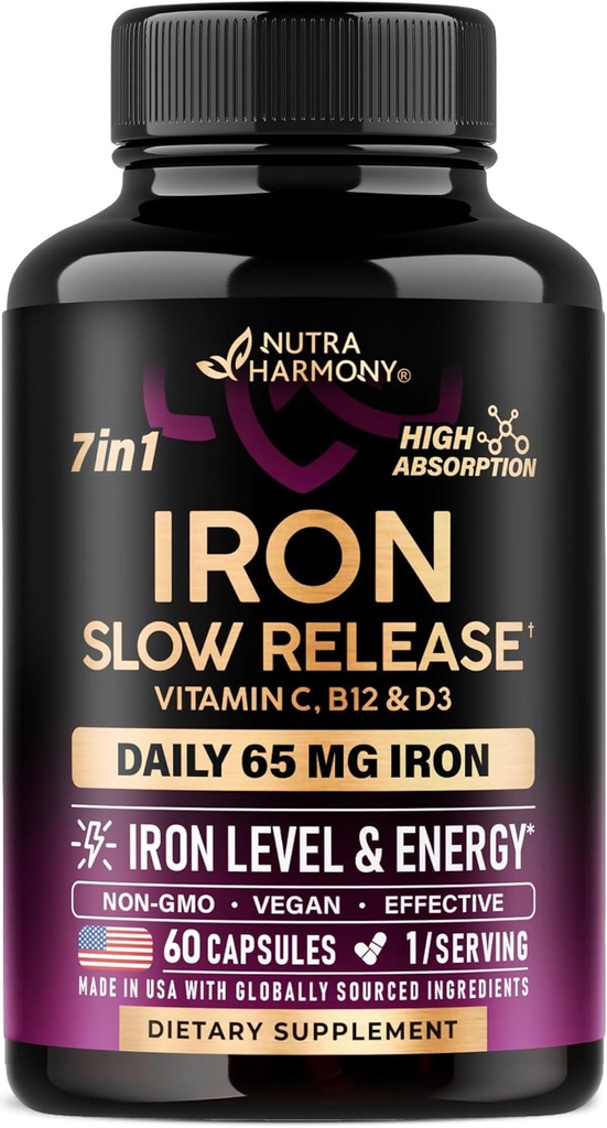 Iron Supplement for Women - Iron 65mg (Ferrous Sulfate 325mg) - Stomach Friendly | Slow Release Iron | High Absorption - Vitamins C, D3, B6, B12 & Folate - Iron Level & Energy Support - 60 Capsules