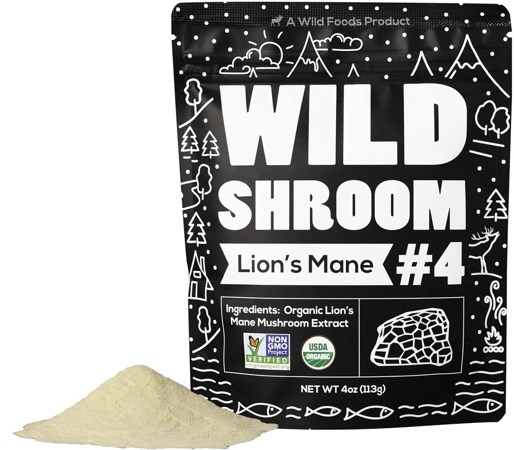 Wild Foods Lions Mane Powder Mushrooms Extract 10: 1 ttesh 124; Organic Mushroom Powder 124; Adaptogen Nootrope Herb for Brain Health, Memory and Focus (4 Ounce (Pack of 2))
