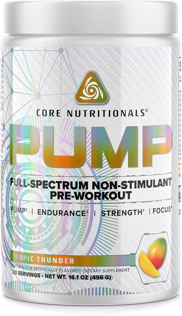 Core Nutritionals Pump Full- Spectrum Non- Stimulant Pre- Workout, med N03T Nitrat, Peak02, Alpha GPC, for maksimal Pump, Styrke og ydeevne 20 Servering (Black Lightning)