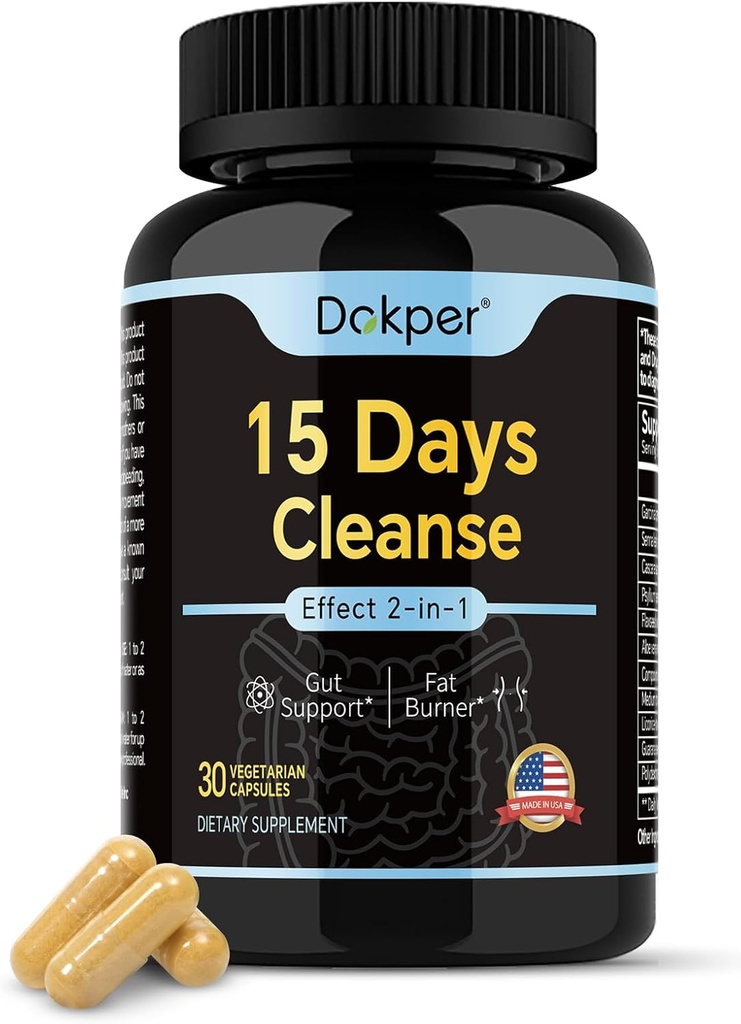 Natural Cleanse Detox, 15 Days 2- in-1 Gut Support, Colon Cleanse for Mænd & Kvinder, Senna Leaf, Cascara Sagrada, Psyllium Seed Husk Powder, Aloe Vera Extract, 30 Kapsler