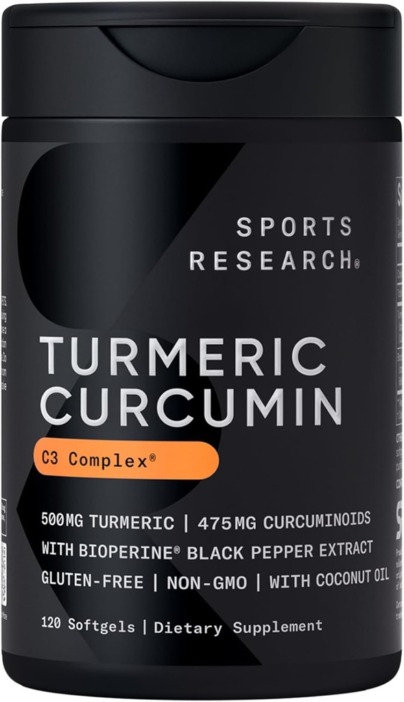 Sportsforskning Gurkemeje C3 Complex - Softgel med Bioperine Black Pepper Extract & Organic Coconut Oil, Standardiseret 95% Curcuminoider - Non- GMO Verified & Gluten Free - 500mg, 120 Greve