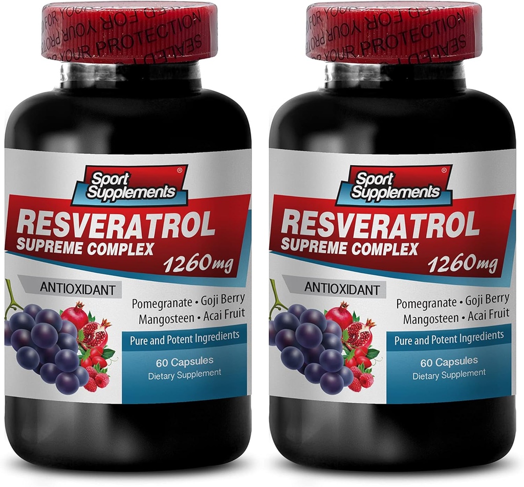 Resveratrol Supreme 1200mg Maksimal Styrke Plus 1200 Red Wine Kosttilskud, resveratrol Supplement rød vin, resveratrol antioxidant, rød vin Extract med resveratrol, rød vin Grape Seed 2 flasker