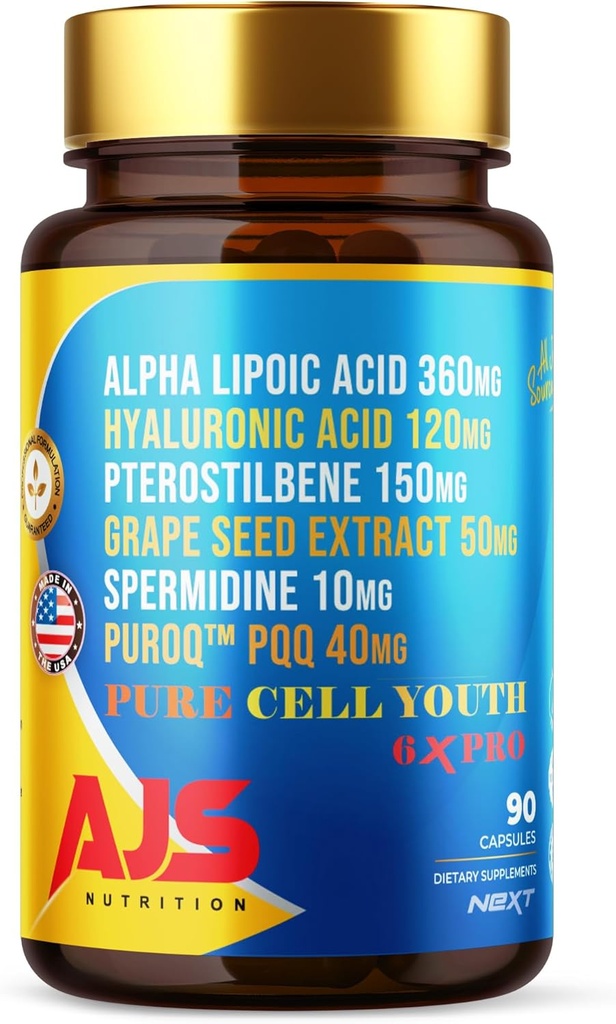 AJS Pure Cell Youth 6X PRO, 90 Kapsler - PQQ 40mg, R- Lipoic Acid 360mg, Natrium Hyaluronat 120mg, Pterostilben 150mg, Grape Seed Extract 50mg, Spermidin 10mg