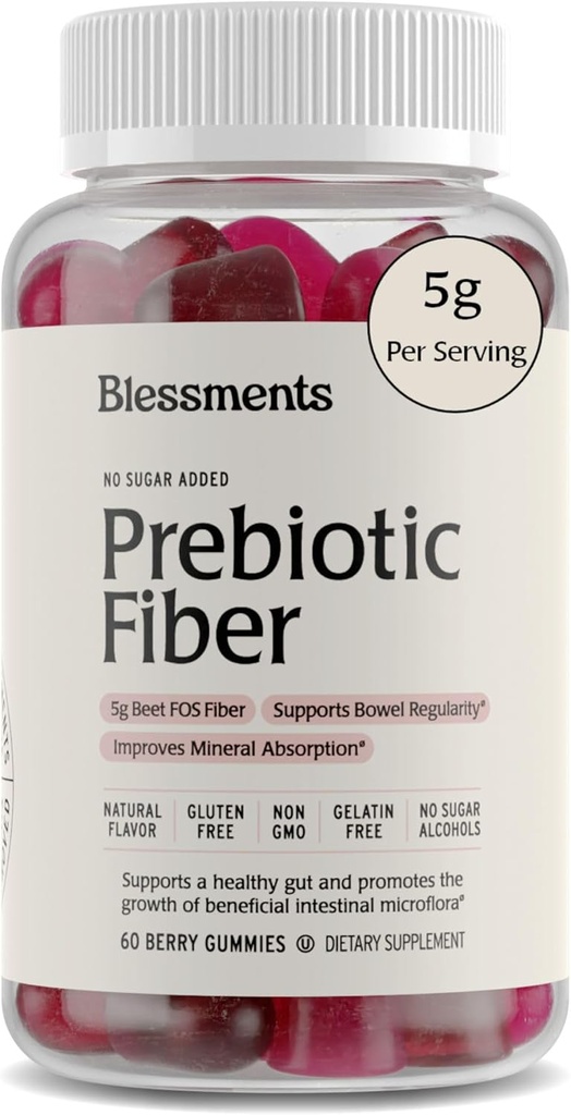 Prebiotic Fiber Gummies for voksne og børn med ingen tilsat sukker- 5g (60 Greve) High Fiber Supplement Gummies - Vegan - Keto Friendly - fordøjelsessygdomme kosttilskud