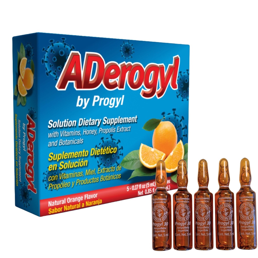 Orale flydende vitaminer med A, C, D, E, Zink, Bee Honey, Propolis og Botaniske Ekstrakter - Natural Orange Flavor - 5 immunsupport Ampuller (0,85 fl oz / 25 ml)