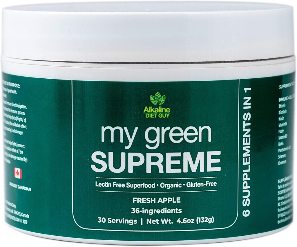 Min Green Supreme Organic 6 i 1 Premium Superfood Supplement - Lectin Free og Gluten Free - 30 Serveringer (4.6 oz) - Frisk Apple Flavour - Nyd i en Smoothie eller Tilføjet til enhver drik