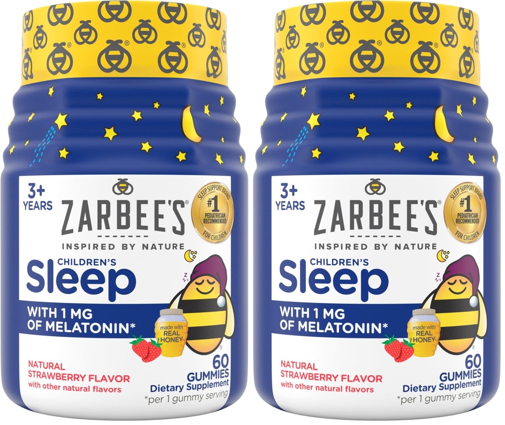 Zarbee 's Children' s Sleep Gummies med Melatonin, Non- Habit Forming Children 's Sleep Gummies Arbejde med Natural Sleep Cykler for at fremme fredelig søvn, Drug- Free, Natural Strawberry, 60 ct (Pack of 2)