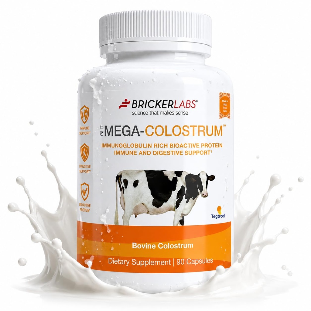 Bricker Labs Mega- Colostrum kapsler, Gut Sundhed, Immunitet, Hud og hår, 1000 mg Bovine Colostrum Supplement 40% IgG, rig på bioaktive proteiner, vækstfaktorer og antistoffer, 45 Servering